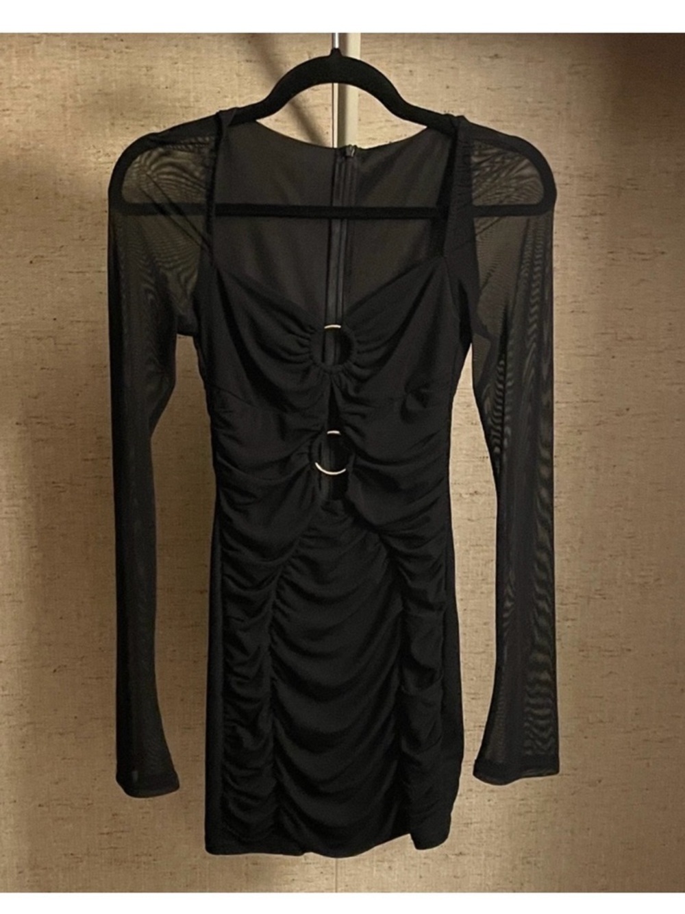 Black Ruched Long Sleeve Mini Dress with Ring Detail - Picture 2 of 3